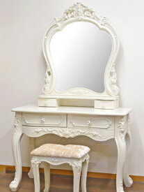 送料無料 アウトレット特価品 ロココ ドレッサー3点セット クリームホワイト 化粧台 ミラー スツール付 姫系 プリンセス 引出し付きデスク 猫脚 ヨーロピアン おしゃれ かわいい インテリア 輸入家具 白 ホワイト エレガント 豪華フラワーモチーフ ドレッサー イス付き