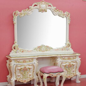 ★倉庫移転の為、総売り尽くしセール！★ 上品ロココドレッサー3点セット 【送料無料・開梱サービス付】スツールは本革張り ドレッサー姫系 ドレッサーデスク 鏡 ロココ プリンセス ヨーロピアン 姫 姫系 おしゃれ インテリア 輸入家具 白家具 エレガント 高級
