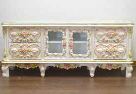 ★倉庫移転の為、総売り尽くしセール！★ ロココ 幅140cm 天板ガラス付 パリジーノ テレビ台 ローボード キャビネット 引出し付き 猫脚 直輸入 ロココ調 サイドボード TV テレビボード テレビラック 姫系 姫家具 アンティーク エレガント 高級 猫脚 カフェ ホワイト