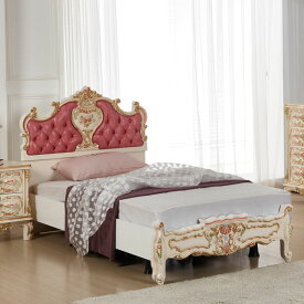 ★倉庫移転の為、総売り尽くしセール！★ ロココ プリンセス Singleベッド ピンク 本革 2段マットレスタイプ Francebed マットレス付き 国産マットレス付 開梱 組立付 高級マットレス付 ロココ アンティーク pink 豪華 エレガント 姫系 ローズ 猫足 エレガント 韓国製