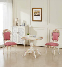 ★倉庫移転の為、総売り尽くしセール！★ 送料無料 開梱サービス付 ロココ調 プリンセス 天板ガラス付ダイニングテーブル3点セット 2人用 椅子2脚 90cm円卓 かわいい おしゃれ 白 ホワイト 姫系 姫家具 プリンセス 豪華 ゴージャス バラ ローズ 食卓 本革 椅子 ピンク