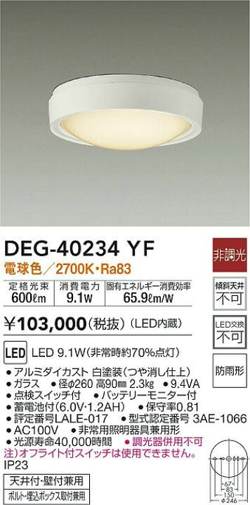 楽天市場】DEG-40234YF ダイコー 軒下用誘導灯 ホワイト LED(電球色 