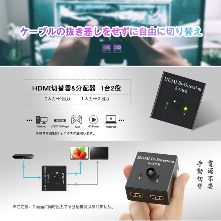 楽天市場】HDMI 切替器 分配器 双方向 4K 60HZ hdmiセレクター 4K/3D/1080P対応 1入力2出力/2入力1出力 手動切替 PS3/PS4/Nintendo Switch/Xbox/HDTV/DVDプレー対応 : E-Finds 楽天市場店 楽天市場】HDMI 切替器 分配器 双方向 4K 60HZ hdmiセレクター 4K/3D/1080P対応 1入力2出力/2入力1出力 手動切替 PS3/PS4/Nintendo Switch/Xbox/HDTV/DVDプレー対応 : E-Finds 楽天市場店
