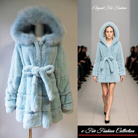 肉厚スカイブルーフォックスファー＆レッキス毛皮コート リアルファーコート フード付き●白ミンク/ロシアンセーブル/外商/ムートンコート　レディース/セーブル/シャネル/エルメス/フェンディ/ディオール毛皮お好きな方に 毛皮お好きな方に