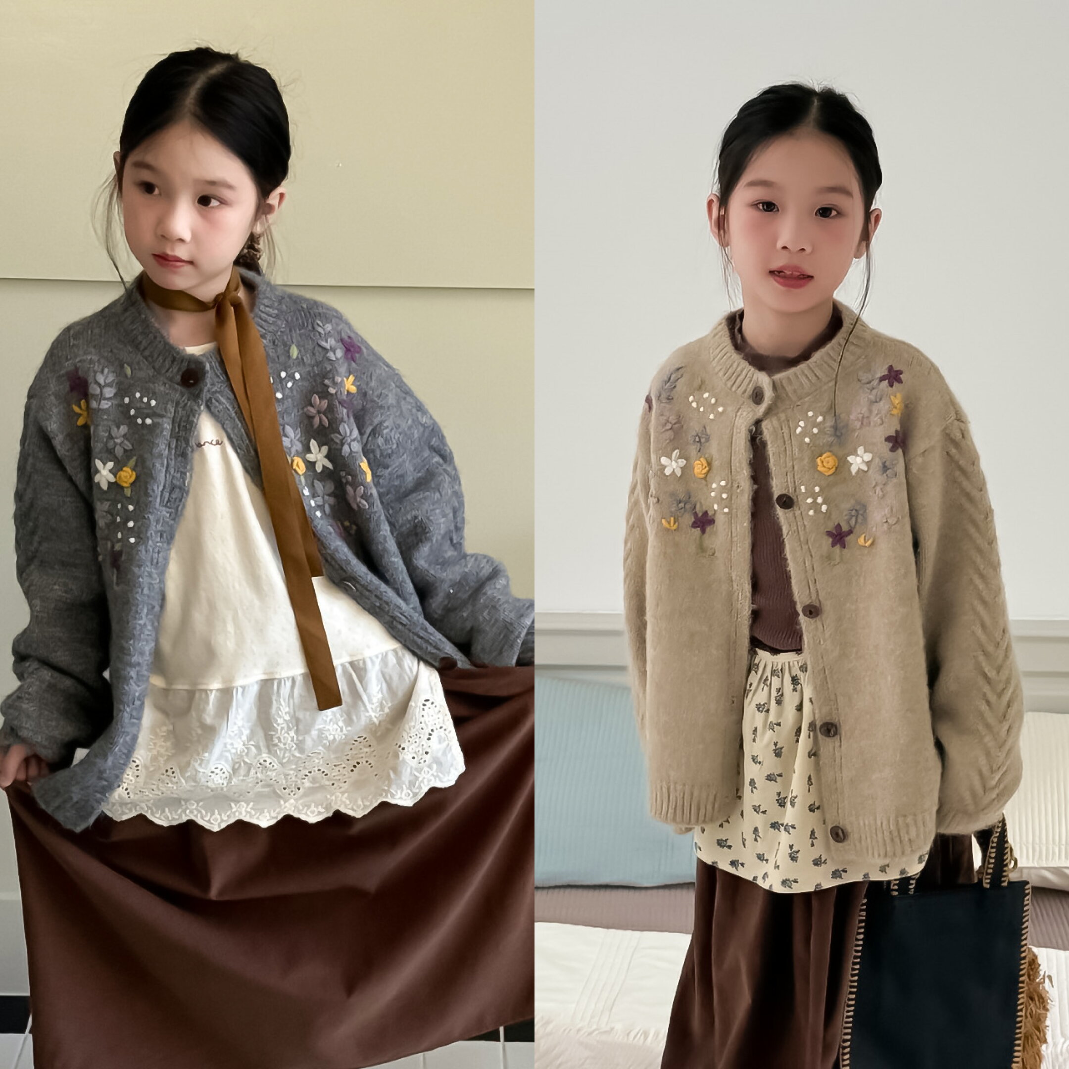 可憐な花々に包まれる、刺繍ニットカーディガン