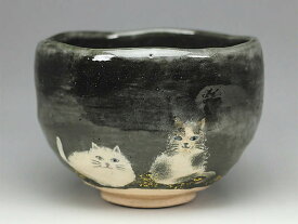 吉村楽入　2018年初春作品　黒釉　猫の絵　茶碗