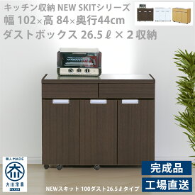キッチンボード カウンター ダストボックス 2分別式 キャスター付 幅100cm 奥行44cm 高さ80cm 薄型 ステンレス天板 ホワイト シンプル スマート ごみ箱 ふた付き 北欧 カジュアル カントリー 送料無料 国産 完成品 ごみ分別 NEWSKIT