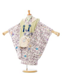 【レンタル】 七五三 3歳 男の子 鷹 花うさぎ ブランド 被布：ヒワ×クリーム 疋田絞り調 着物：白×紫地 七五三着物 レンタル 753 男の子 3歳 被布セット 小物一式つき フルセット e-h-001