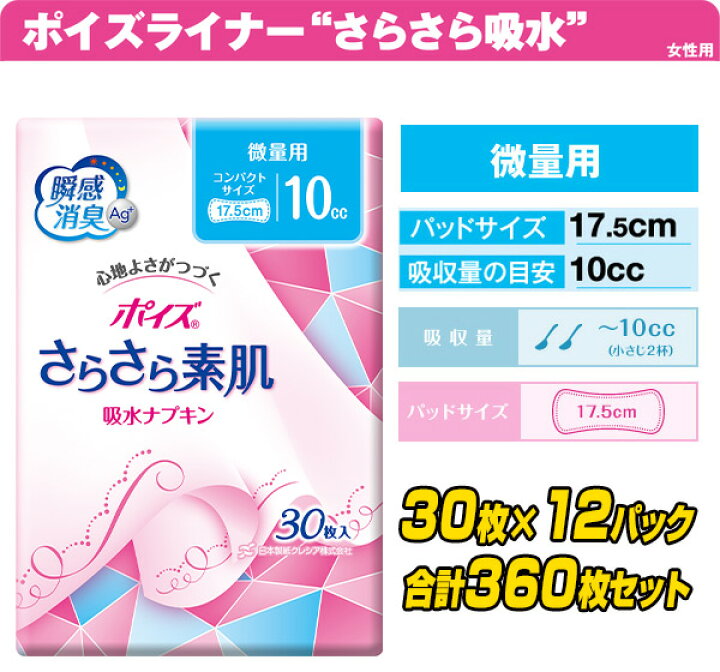 楽天市場】ポイズ さらさら吸収ライナー 微量用 (吸収量10cc)30枚×12(360枚)【無地ダンボール仕様】 パンティライナー 尿漏れパッド 尿もれパッド 尿取りパッド 尿とりパッド 日本製紙クレシア 【送料無料】 : くらしのeショップ 楽天市場】ポイズ さらさら吸収ライナー 微量用 (吸収量10cc)30枚×12(360枚)【無地ダンボール仕様】 パンティライナー 尿漏れパッド 尿もれパッド 尿取りパッド 尿とりパッド 日本製紙クレシア 【送料無料】 : くらしのeショップ