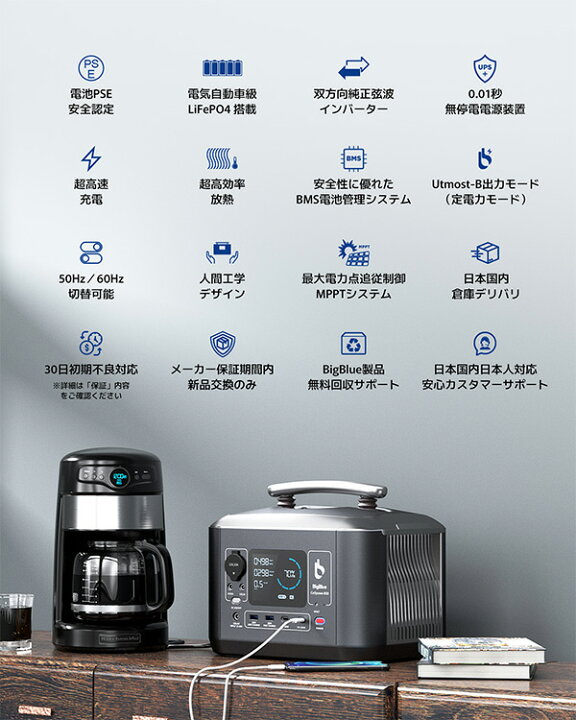 BigBlue ポータブル電源 大容量 リン酸鉄 537.6Wh/AC出力600W(瞬間最大 