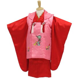 3歳 着物と被布セット着付け小物付き みんなでお散歩 ピンクの被布に赤の着物 販売セット 【中古】