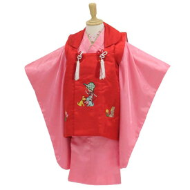 3歳 着物と被布セット着付け小物付き みんなでお散歩 赤の被布にピンクの着物 販売 【中古】