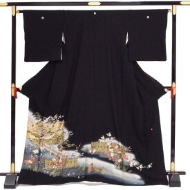 【動画付き】正絹 黒留袖 リサイクル 単品販売 城下町に鶴のはばたき 五つ紋 丸に下り藤