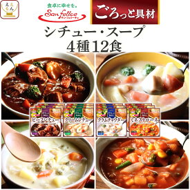 レトルト食品 常温保存 詰め合わせ 惣菜 おかず シチュー スープ 4種12食 セット 【 送料無料 沖縄以外】 サンフーズ レトルト お惣菜 レンジ 湯煎 食品 ご飯 洋食 プレゼント 贈り物 実用的 備蓄 保存食 バレンタイン 2026 内祝い ギフト