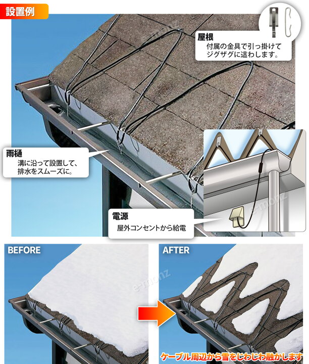 楽天市場 融雪ヒーター m 電熱式 ケーブルタイプ 融雪システム ホットけーる 融雪装置 屋根融雪装置 屋根融雪 路面凍結 落雪防止 凍結防止 氷柱防止 雪庇防止 落雪防止 電熱ケーブル ロードヒーター ヒートケーブル ヒーターケーブル ｅモンズ