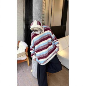 ニット メンズ ボーダー柄 パーカー 春秋物 長袖 プルオーバー ゆったり カジュアル トップス スポーティー 配色 おしゃれ