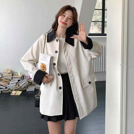 コート レディース 春秋 韓国風 カジュアル アウター ミドル丈 POLO襟 無地 長袖 ゆったり 通勤 きれいめ S M L XL アイボリー カーキ ポリエステル