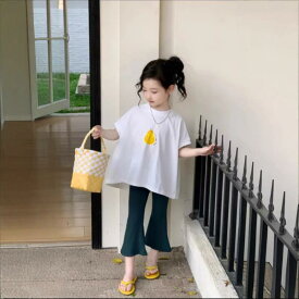 キッズ Tシャツ パンツ セットアップ 半袖 ブルー フレアパンツ 2点セット かわいい 夏 薄手 梨柄 プリント 綿65% 9分丈パンツ