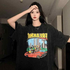 Tシャツ 男性用 ストリート ヴィンテージ プリント コットン ゆったり 半袖 トップス 水洗い ブラック ホワイト カーキ ベージュ プルオーバー クルーネック 普段使い