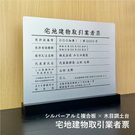 宅地建物取引業者票【シルバーアルミ複合板×木目調土台】 表示サイズ：H35×W45cm / 宅建 業者票 宅建表札 宅建看板 不動産 許可書 事務所 法定看板 看板 金看板tk-stylish-silver01