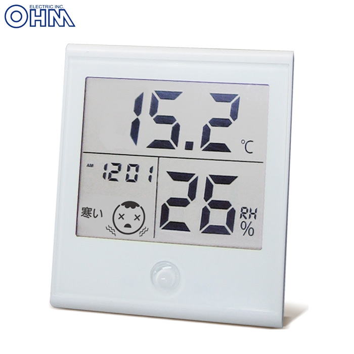 18％OFF時計付き温湿度計 温度計 湿度計 インフルエンザ 熱中症対策 時計付き 大画面 見やすい TEM-200-W 08-0020 オーム電機
