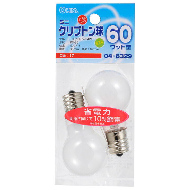 オーム電機 長寿命ミニクリプトン電球 E17 LB-PS35L60W-2P 品番 06-0589 2個入 ホワイト 60W形 オーム電機 長寿命ミニクリプトン電球 E17 LB-PS35L60W-2P 品番 06-0589 2個入 ホワイト 60W形