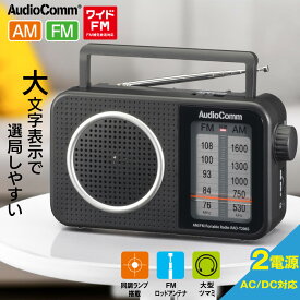 AudioComm ラジオ 卓上 電池式 単1形2本 コンセント式 電源コード付 AM/FM ワイドFM対応 同調ランプ付 FMアンテナ付 スピーカー付 キャリーハンドル付 ポータブル 携帯 防災 避難 台風 地震｜オーム電機 RAD-T206S 03-0986