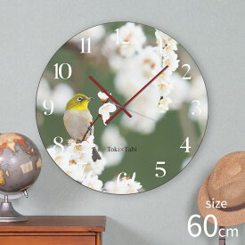 Toki×Tabi 梅の花とメジロ -white- 60cm 大型時計 秒針あり 大きい 時計 壁掛け時計 日本製 絶景 風景 丸い 静か 愛知県 名古屋市 バードウォッチング 鳥 白梅 満開