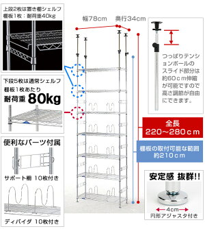 【ラックランキング入賞】つっぱりラックスチールラック棚板:幅75奥行30モデル【ルミナス正規品ルミナスフィールテンションラックMD76-7T】棚7段幅75cm高さ220モデル【転倒防止ラック・地震対策ラック】ルミナスluminous