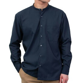 ノーアイロン カジュアル ビジネスカジュアル オフィスカジュアル スタンドカラー バンドカラー ネイビー 紺