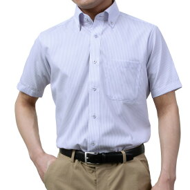 半袖ワイシャツ 形態安定 消臭 紫 パープル ボタンダウン ストライプ スリムフィット 表前立て メンズ オフィスカジュアル ビジカジ 2506CL