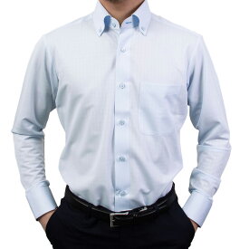 ノンアイロン メンズ 長袖 スリムフィット Yシャツ ボタンダウン 吸汗速乾 ストレッチ サックス ニット 2509ft