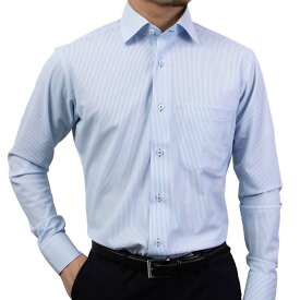 ノンアイロン メンズ 長袖 スリムフィット Yシャツ セミワイド 吸汗速乾 ストレッチ ブルー ストライプ ニット 2509ft 2510ft