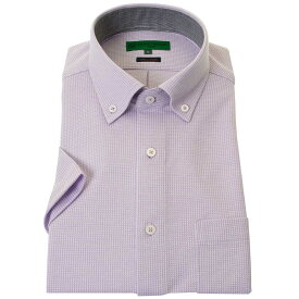 ノーアイロン ワイシャツ ニット 半袖 パープル 紫 ボタンダウン シャツハウス 半袖 メンズ Yシャツ 裄詰め不可
