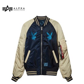 アルファインダストリー x プレイボーイ コラボ ジャケット 限定 PLAYBOY MULTI STACK BOMBER JACKET ボンバー ジャケット スカジャン レプリカブルー ミリタリー ジャンバー ユニセックスおしゃれ アメカジ お出かけ デート カジュアル