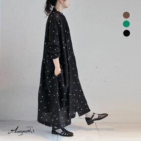 【新作】iCHi Antiquites(イチアンティークス)LINEN DOT DRESSリネンドットワンピース(BROWN)(GREEN)(BLACK)（全3色）レディース(F)ソノリテ（sonorite)　シャツワンピース　ナチュラル　リネンワンピース　ドットワンピース　ナチュラン　羽織り　春　夏　秋　冬　900605