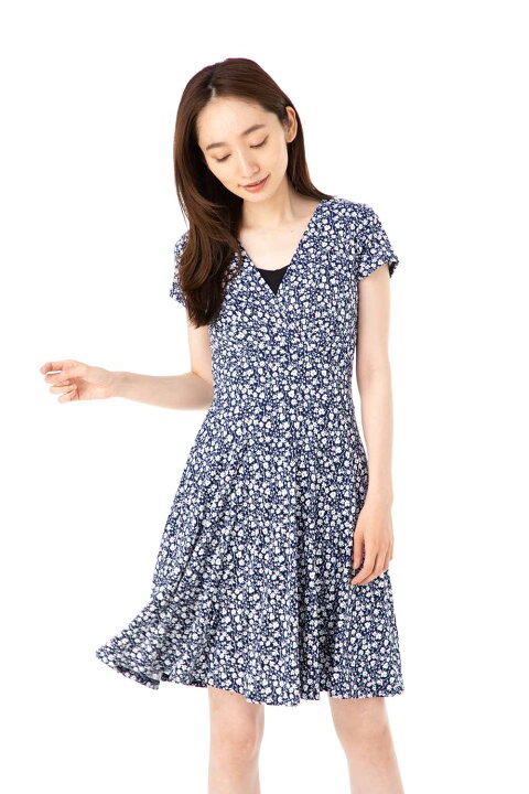 楽天市場 エジェリ Egerie ワンピース T1 T2 T3 T4サイズ 半袖 膝丈ワンピース 小花柄 Vネック ジャージー レディース 大人 ステラ