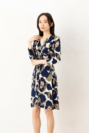 フィフィーユ(FIFILLES)ワンピース T1 T2 T3サイズ 七分袖 膝丈 Vネック 総柄 ジャージー生地 レディース フランス製 ワンピース 大人 上品 きれいめ 着やせ