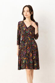 フィフィーユ FIFILLES ワンピース フランス製 七分袖 膝丈 ひざ丈 【着痩せ 体型カバー】カシュクール 高伸縮ジャージー リーフ柄 上品