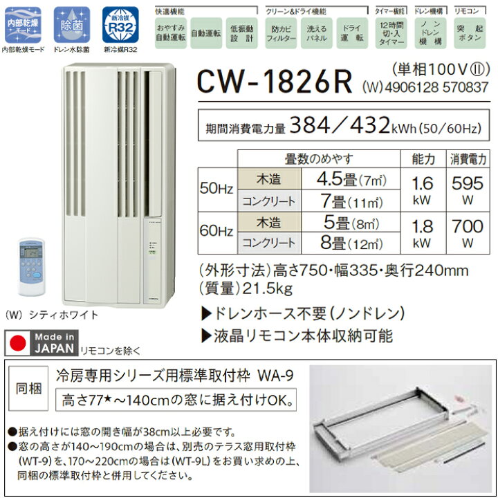 楽天市場】《コロナ》 CW-1826R ウィンドエアコン 冷房専用タイプ 4.5 