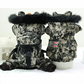 ＼在庫一掃セール／犬服 アウター 2way ミリタリー オールインワンコート リュック付 Mサイズ コート カモフラージュ フワもこ 暖か つなぎ ジャンバー