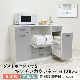 【撮影サンプル品！各色1台限定】キッチンカウンター ダストボックス付きキッチンカウンター 120 幅120cm 薄型 ペール ゴミ箱 食器棚 キッチン収納 木製 ごみ箱 フタ付き ふた付き 蓋つき 台所 おしゃれ オシャレ 蓋付 間仕切り 完成品 日本製