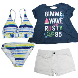 ラスティ RUSTY 968-805 キッズ水着 ビキニ,Tシャツ,ショートパンツ 4点セット 女の子用水着セット