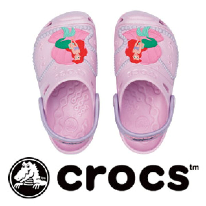 楽天市場 ディズニープリンセスのアリエルをあしらったロマンティックなキッズ用クロッグサンダル バックストラップ付女の子向け子供用キャラクター クロスライトスリッポン C6 7 14cm からc12 13 18 5cm まで Crocs クロックス Ariel Shells Kids Custom Clog