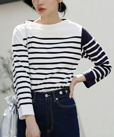 Tシャツ ボーダー 綿100％ レディース S/M/L/LL トップス カットソー ロンT バスクシャツ 長袖 七分袖 ボートネック コットン 汚れにくい 撥水 春 【メール便可22】◆zootie（ズーティー）：シミヘン加工 フレンチバスクシャツ［ボーダー］