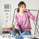 【特別送料無料！】春ニット M/L/LL/3Lサイズ 綿100% レディース トップス セーター カットソー Vネック 長袖 大きいサイズ ゆったり コットン ...