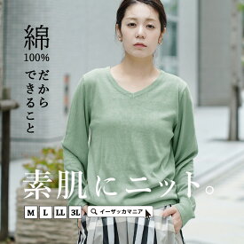 ニット 綿100％ 薄手 レディース M/L/LL/3L トップス セーター ライトニット コットン 洗える 長袖 Vネック 無地 ゆったり 大きいサイズ きれいめ オフィスカジュアル 秋 冬 【メール便可22】◆zootie（ズーティー）：オーディナリー コットンニット セーター［Vネック］