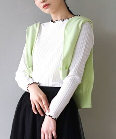 【特別送料無料！】リブカットソー トップス レディース M/L/LL カットソー 長袖 リブ Tシャツ 丸首 メロウフリル フリル 配色 バイカラー 伸縮 楽ちん ゆったり 大きいサイズ 秋 冬 【メール便可17】◆zootie（ズーティー）：ロングスリーブ リブカットソー［クルーネック］