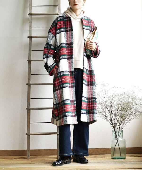 楽天市場】コート / ウール混 で 保温性 のある ノーカラー チェック 