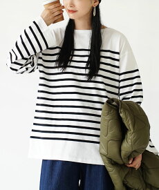 Tシャツ ボーダー 綿100％ / レディース トップス カットソー 長袖 バスク ボートネック コットン 汚れにくい オーバーサイズ ゆったり 春 【メール便可22】◆zootie（ズーティー）：シミヘン加工 フレンチバスク オーバーサイズカットソー